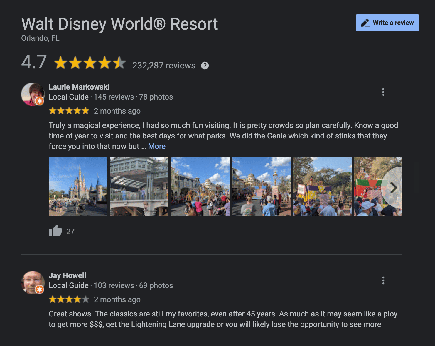 Un exemple d'avis Google pour Walt Disney World