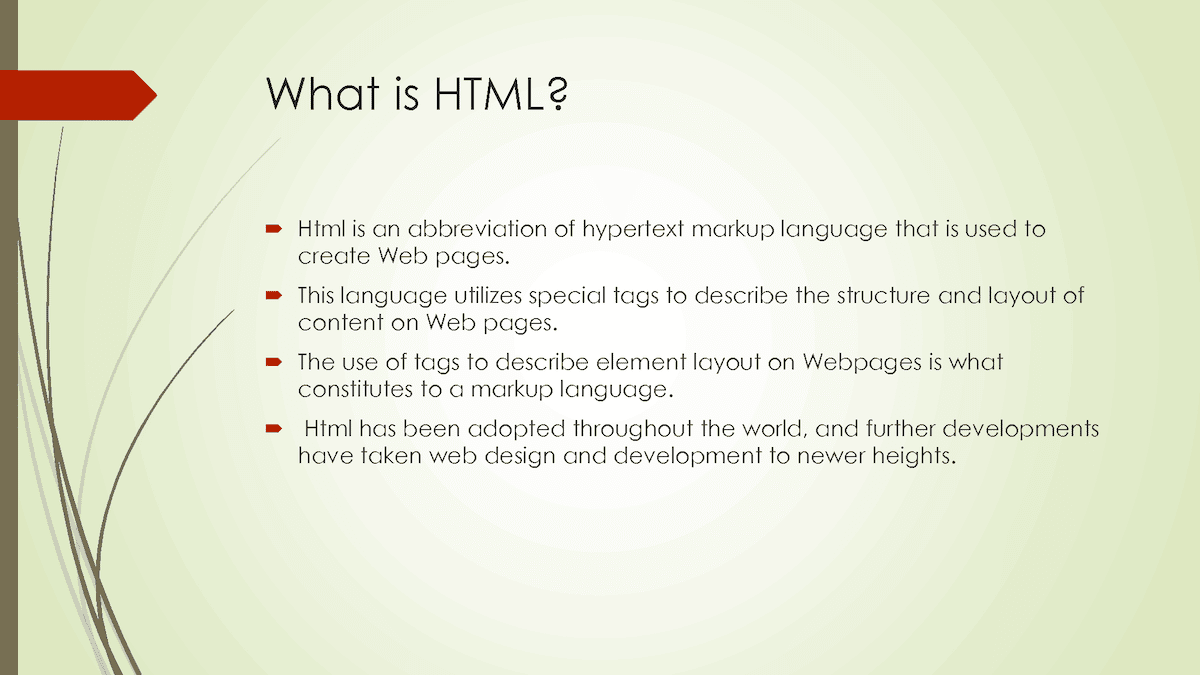 Una slide con la definizione dei quattro punti per capire l’HTML: significato dell’acronimo, uso e funzione dei tag.