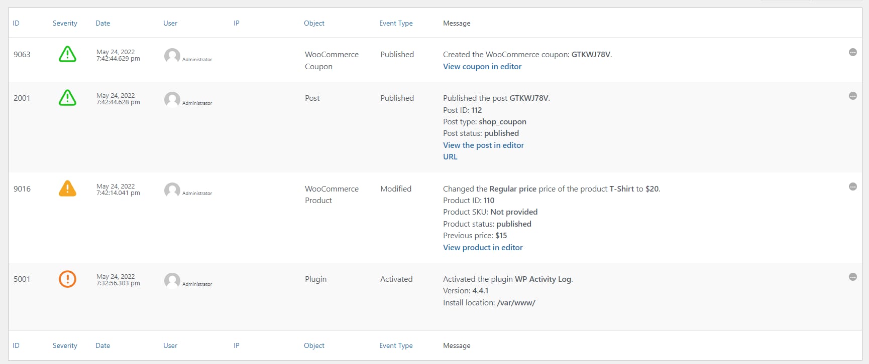 WP Activity Log oferece registros detalhados.