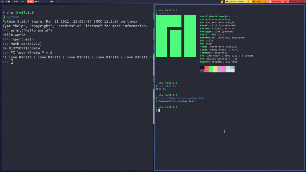 Screenshot di un editor di codice con le shell Python e Bash aperte in due diverse CLI che mostrano l'output dei comandi print e neofetch.