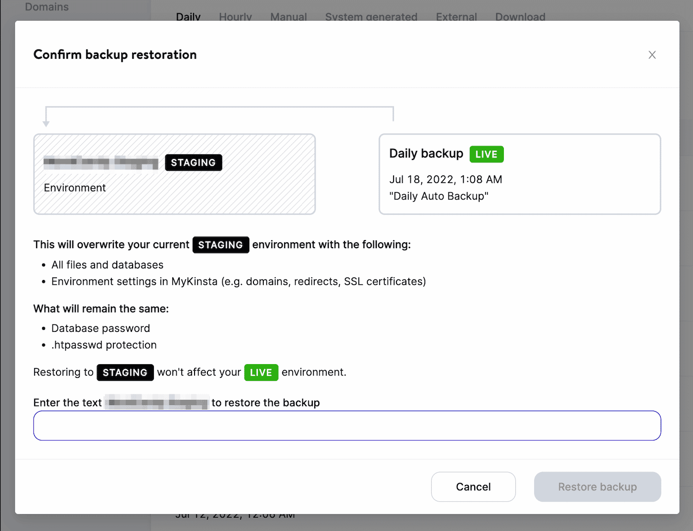 Scheda di MyKinsta da cui confermare il ripristino del backup