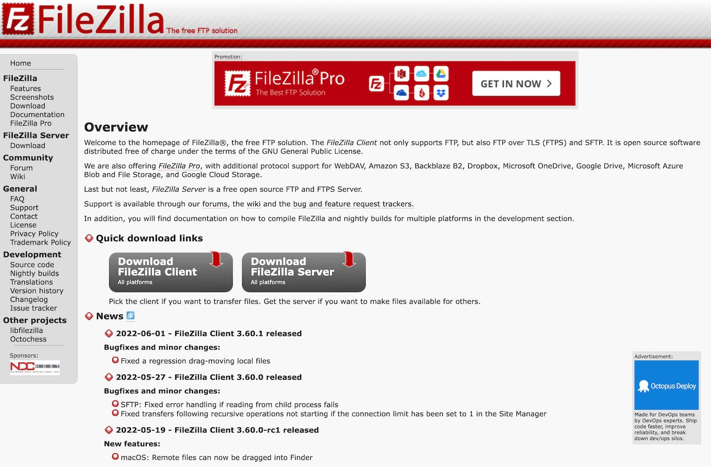 Página web de FileZilla
