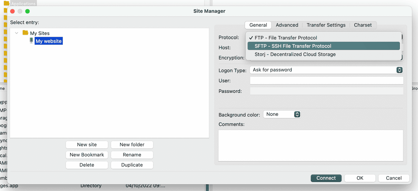 プロトコルの設定を「SFTP - SSH File Transfer Protocol」に変更