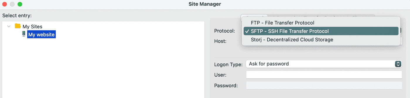 Ändere das Protokoll in SFTP - SSH File Transfer Protocol