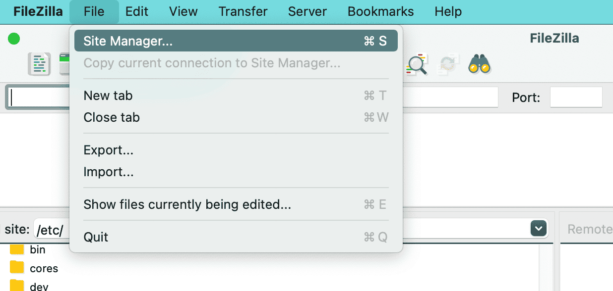 Select File > Site Manager