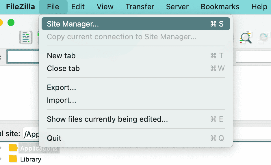 Gehe zu Datei > Site Manager