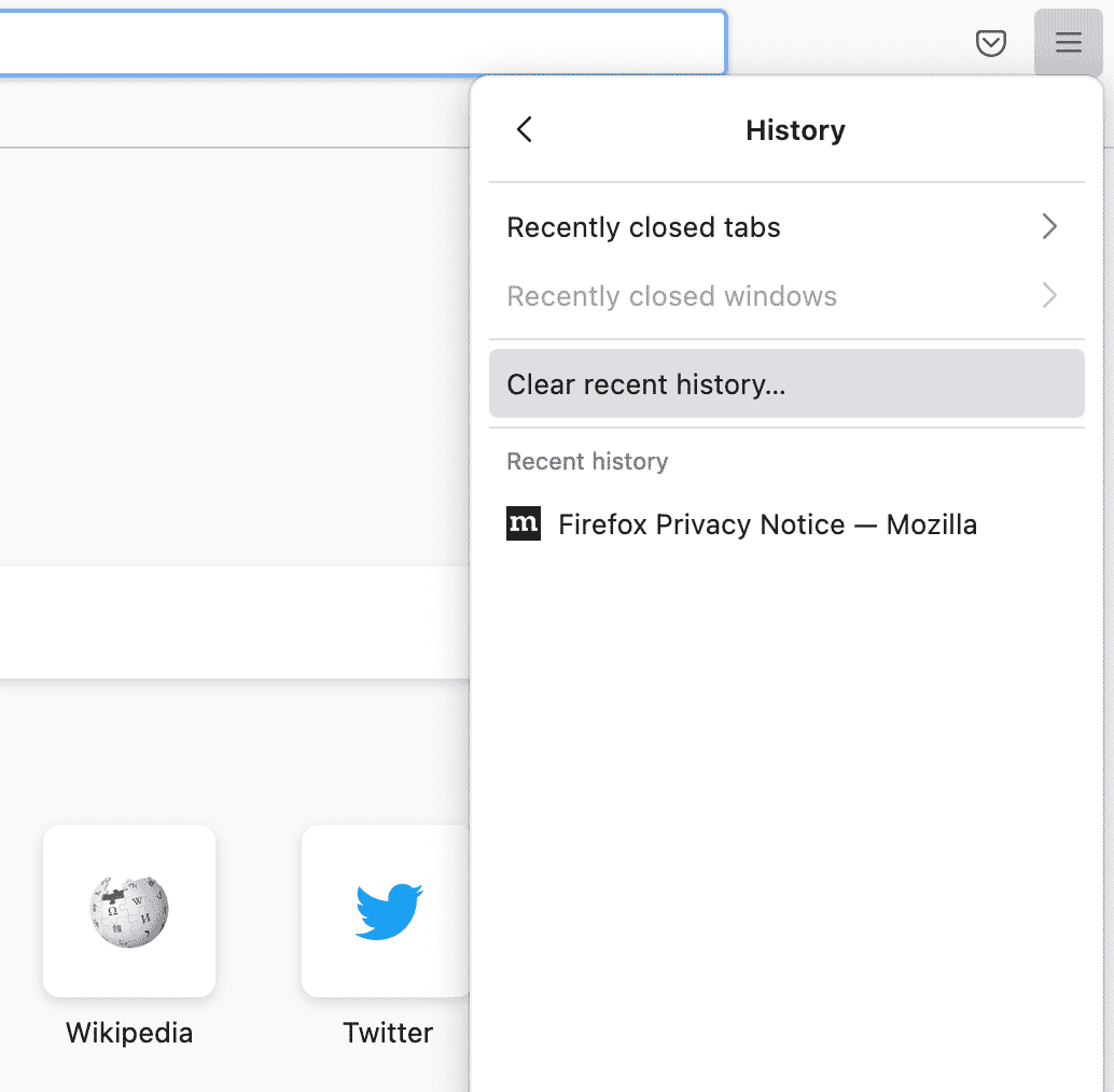 Klik op de knop "Clear recent history" in Firefox