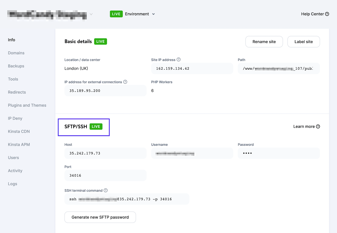 La sezione SFTP/SSH in MyKinsta