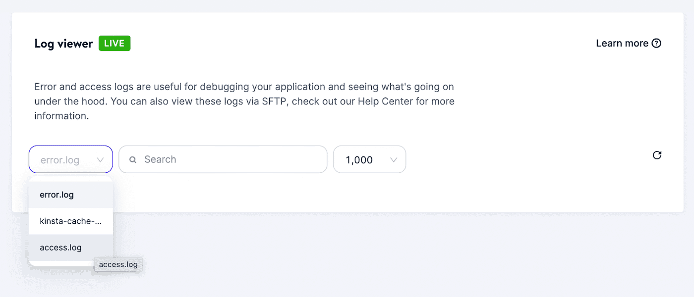 Select the access log button in MyKinsta