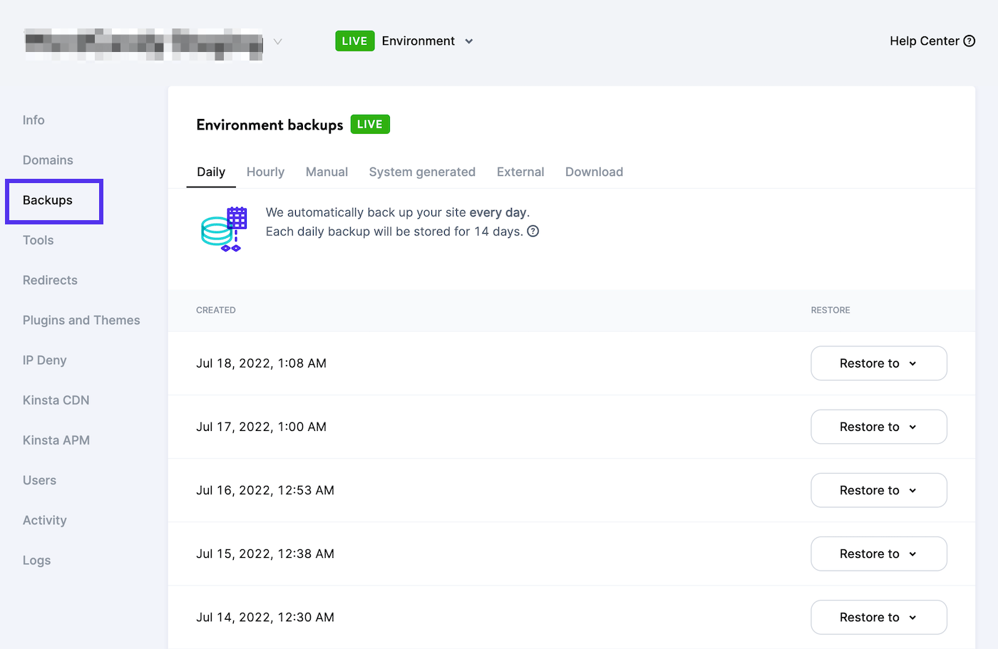 Clique na aba Backups no MyKinsta