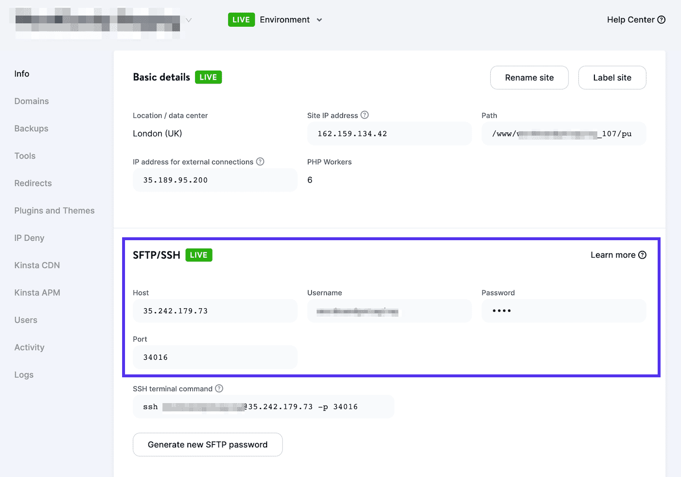 Find the SFTP/SSH section in MyKinsta