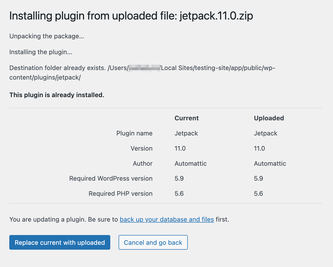 This plugin is already installed warning