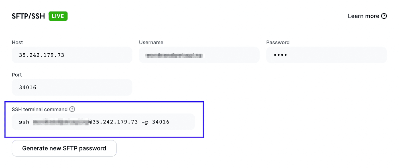 Il comando del terminale SSH in MyKinsta