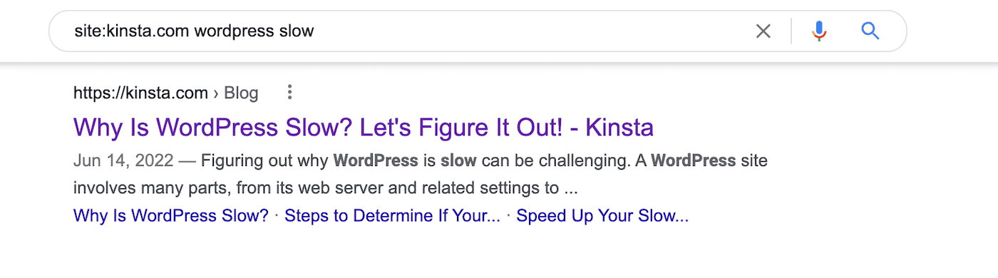 Schermata dei risultati di Google: la query di ricerca è "site:kinsta.com wordpress slow"