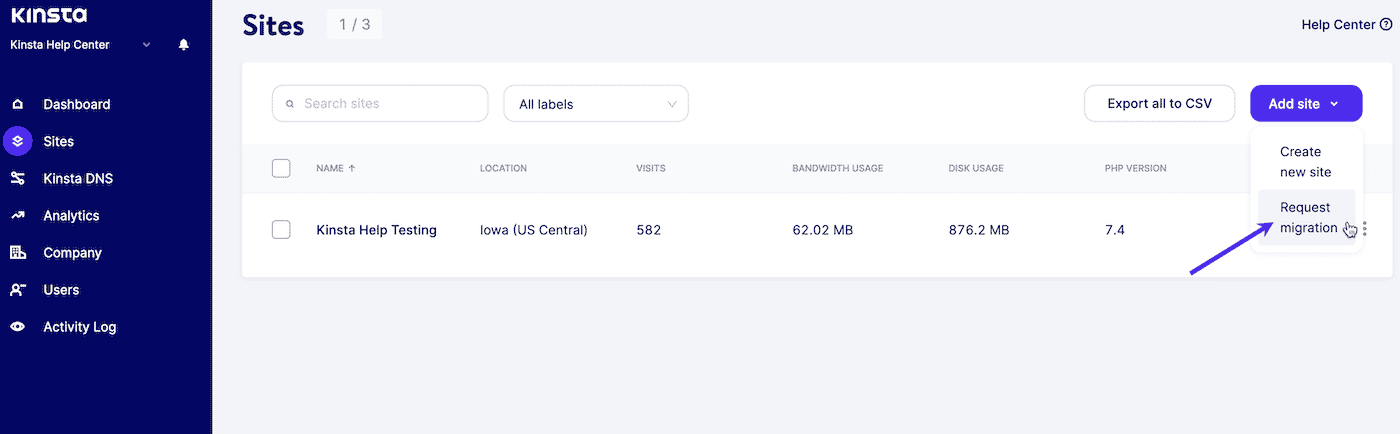 Select Request migration in the Add site dropdown menu on the Sites page in MyKinsta.