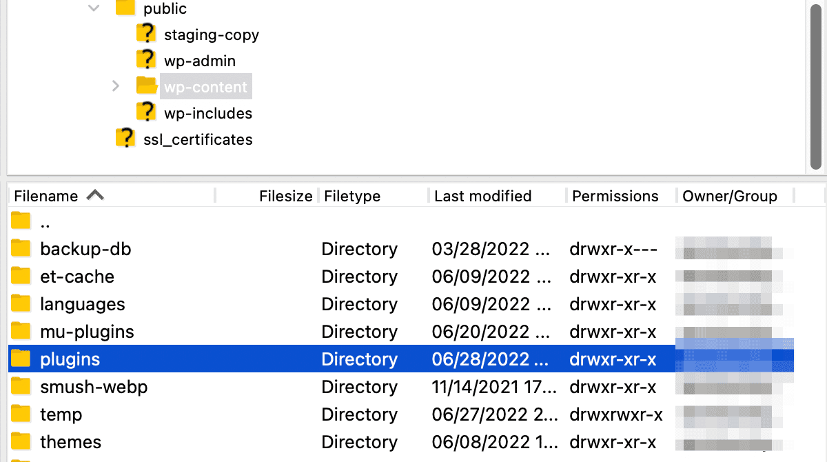 pluginsまたはthemesフォルダを開いて問題を確認