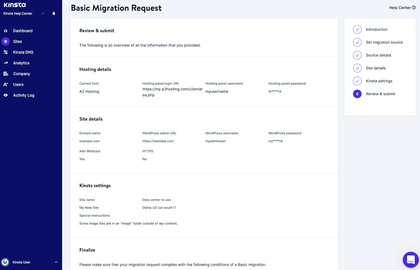 Review and submit your basic migration from another host. 