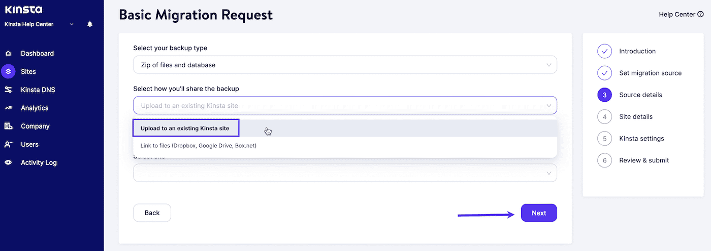 Option to upload your backup to an existing Kinsta site.