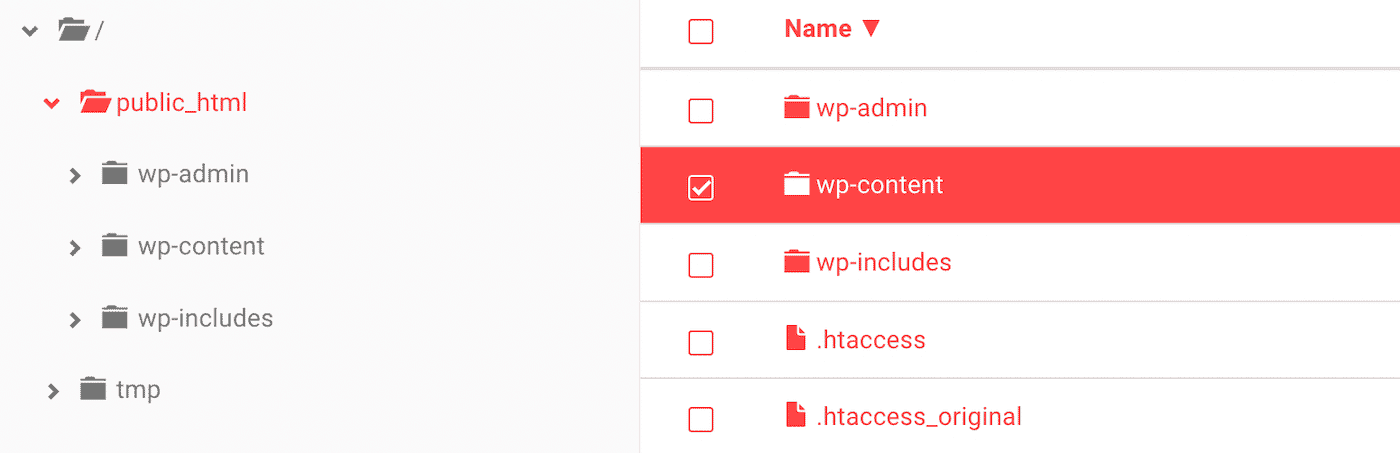 Localiza la carpeta public_html y encuentra la carpeta wp-content