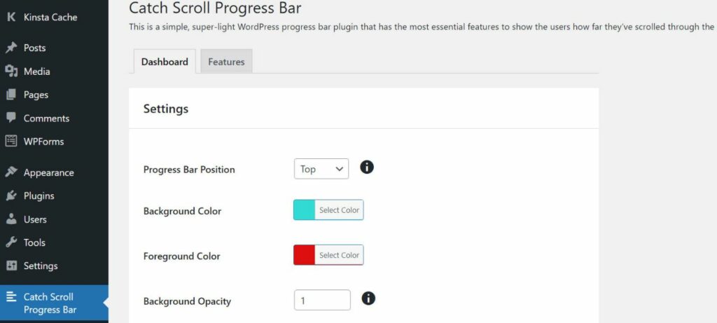 Der Einstellungsbereich des Catch Scroll Progress Bar Plugins