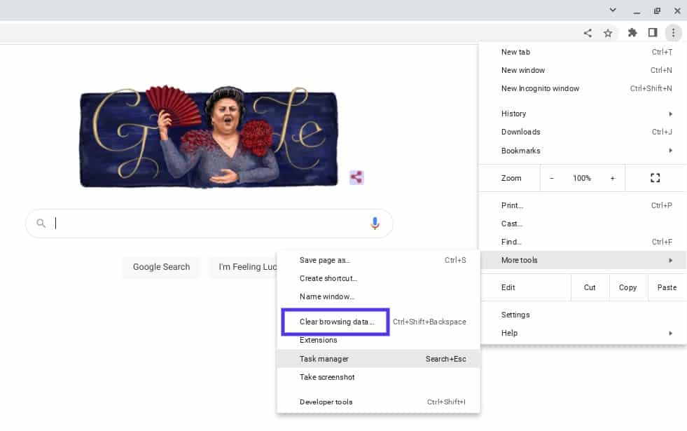 Option Effacer les données de navigation dans Google Chrome