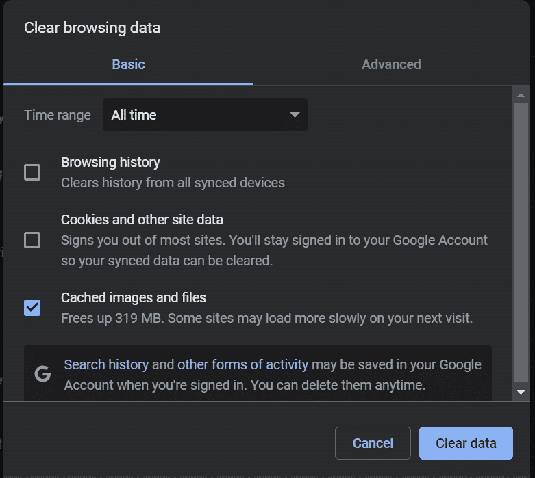 Kontrollera rutan för cachelagrade bilder och filer