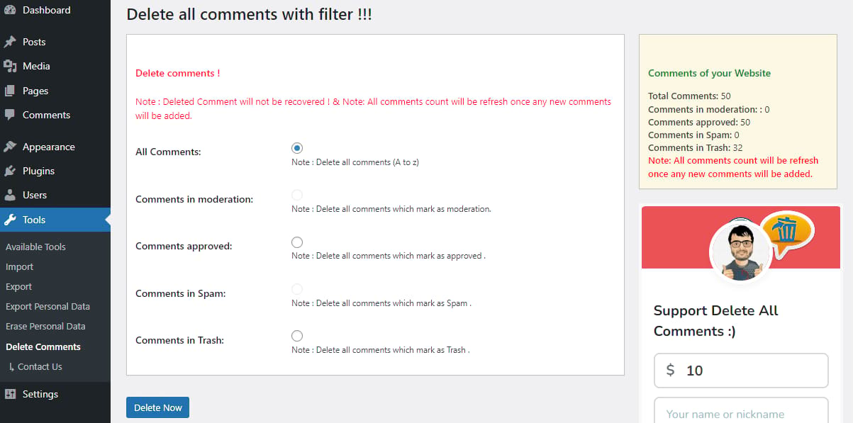 Setting up the Delete all Comments plugin.