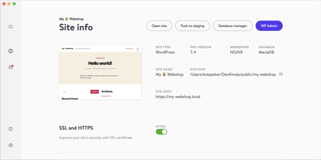 Details für eine lokale WordPress-Seite in DevKinsta