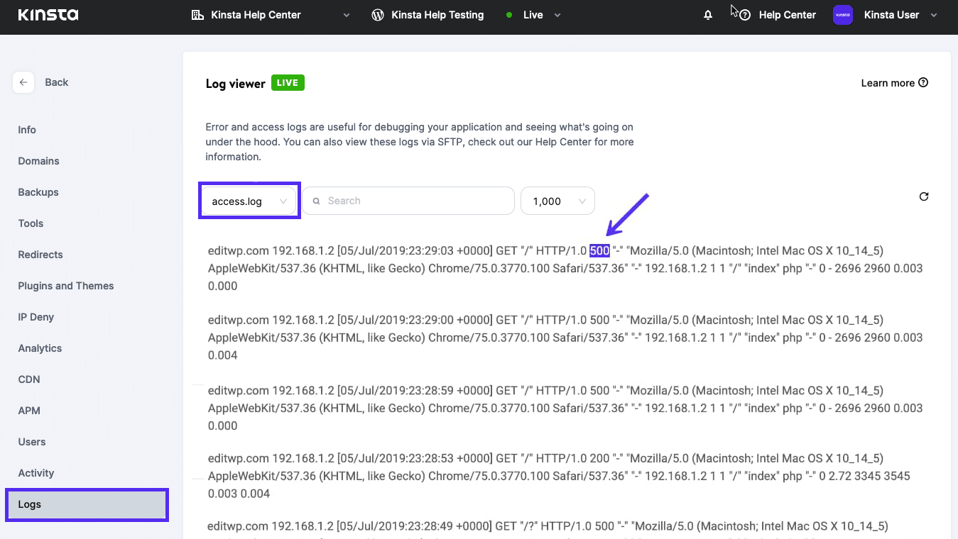 Errore 500 "Error establishing a database connection" rivelato nel log access.log.