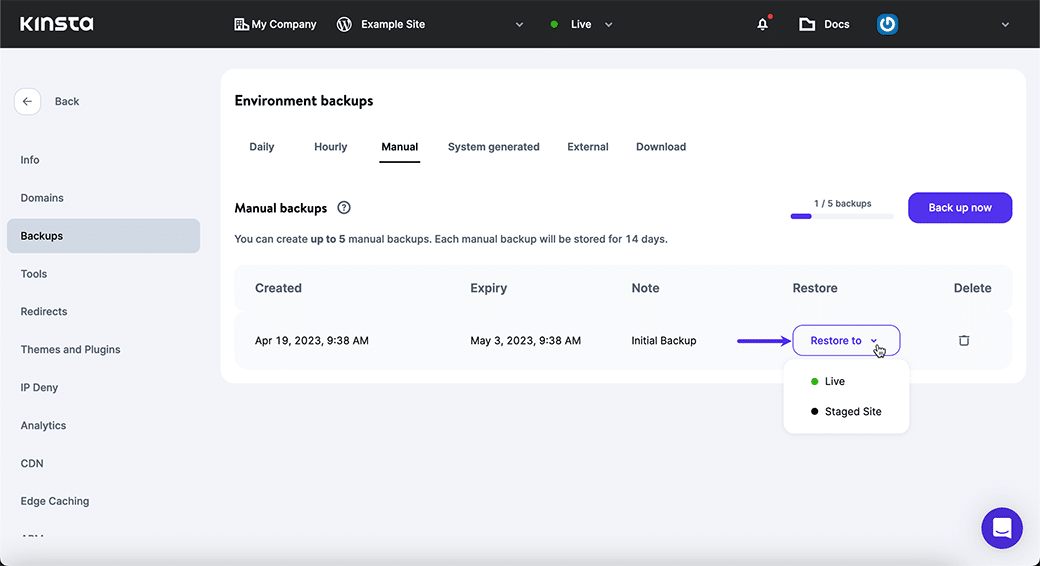 Ripristino di un backup di WordPress in MyKinsta