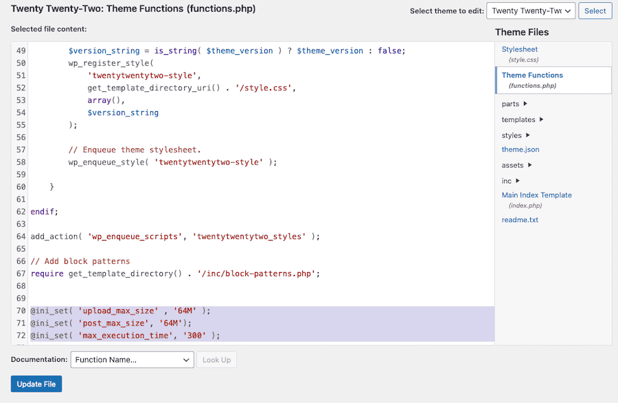 Modifica del valore di upload_max_size, post_max_size e max_execution_time nel file functions.php.