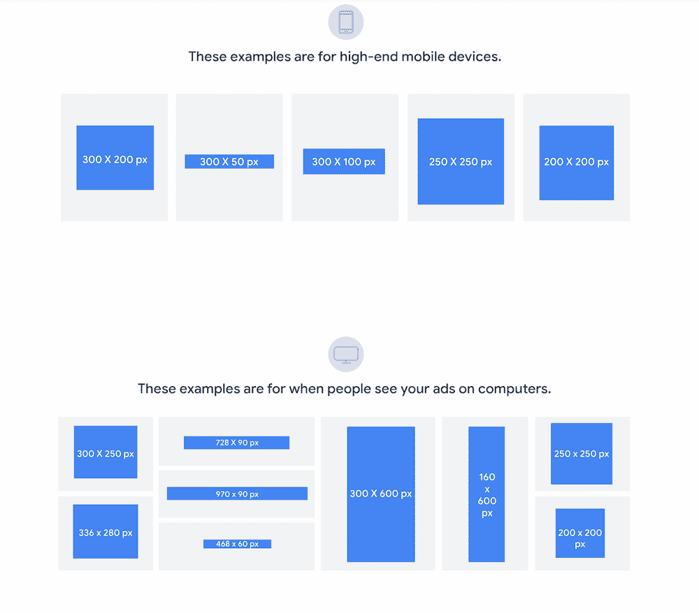 These are the fixed ad size options in Google AdSense for both mobile devices and desktop computers. 