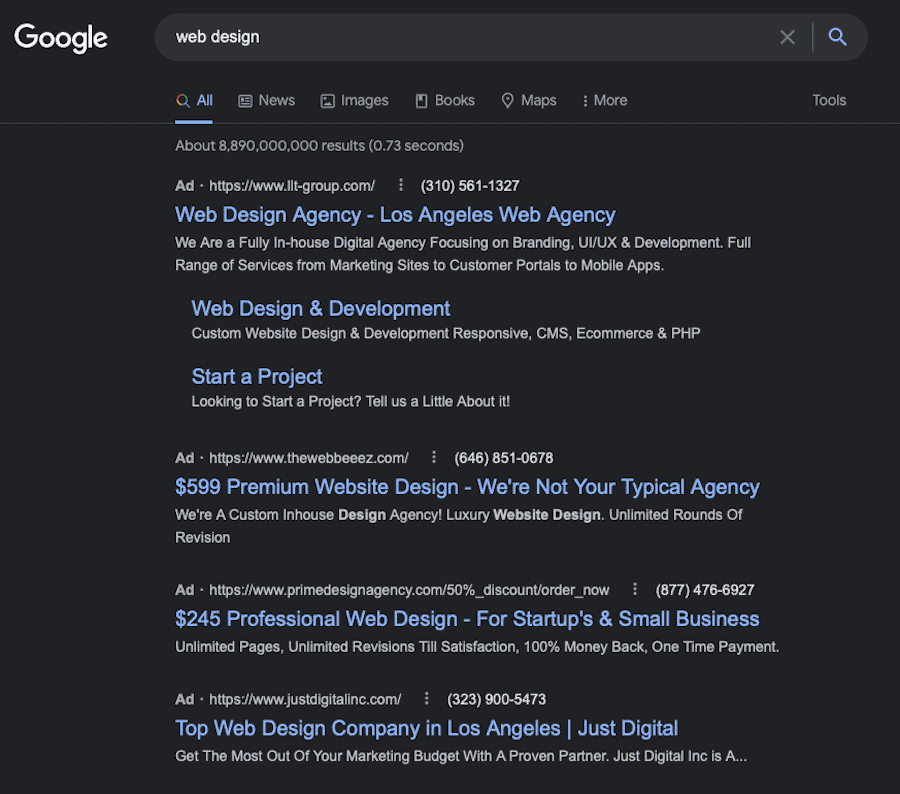 How Google Ads appear in SERPs. This example shows the results of the phrase “web design,” followed by ads for various web design agencies. 