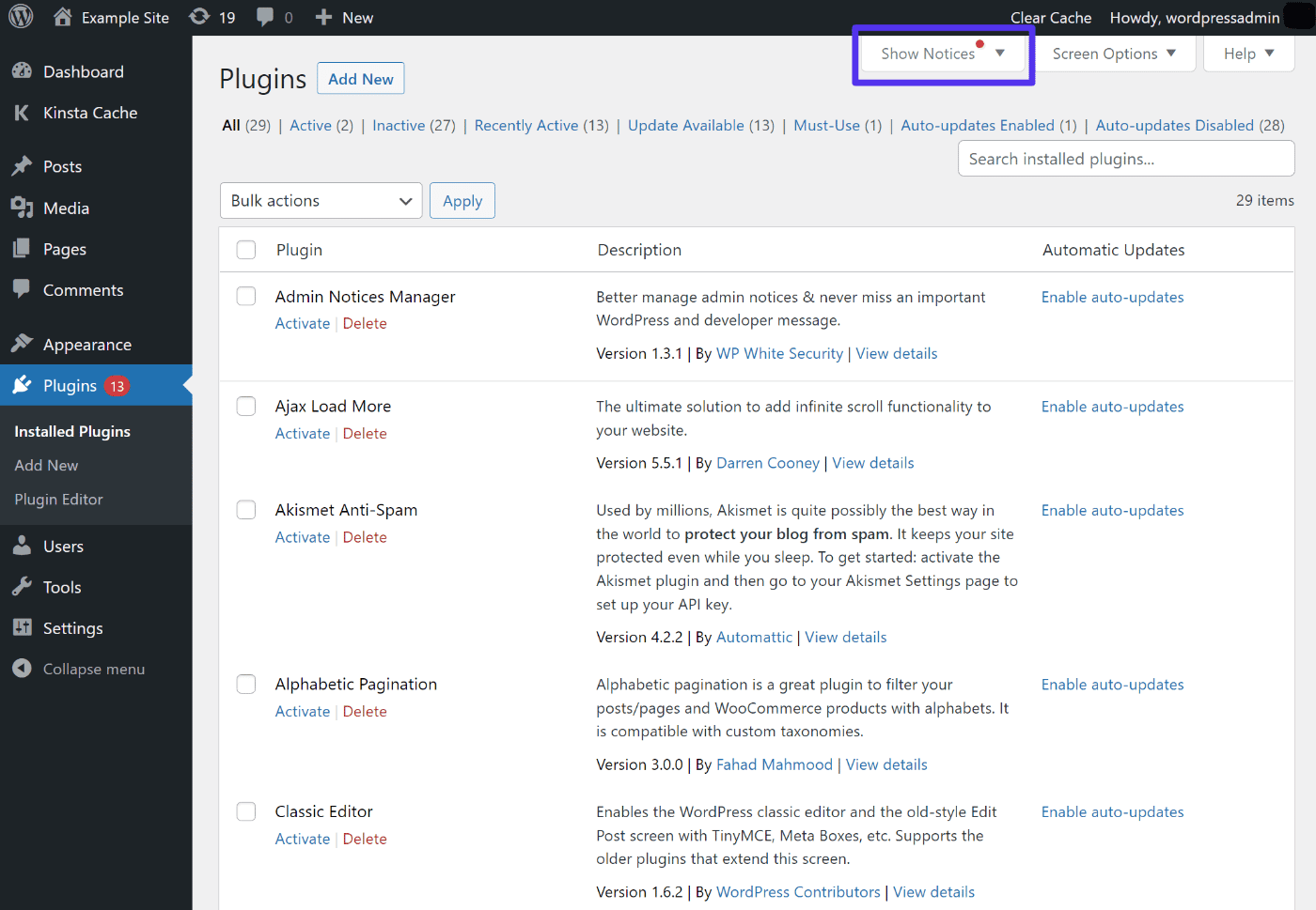 An example of the Hide Admin Notices plugin.