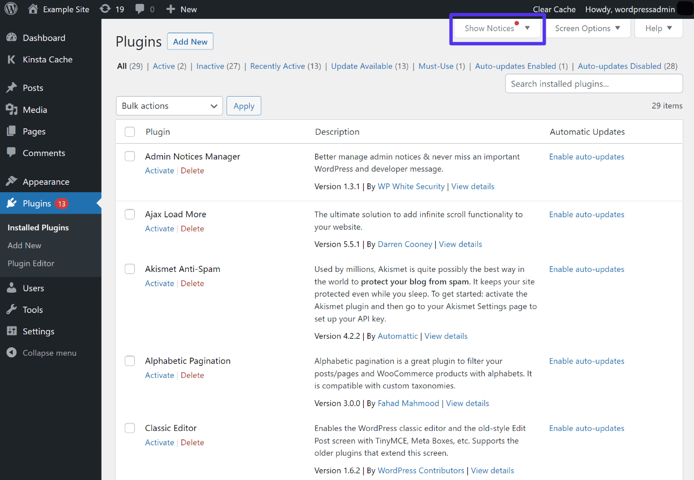 Ein Beispiel für das Hide Admin Notices Plugin.