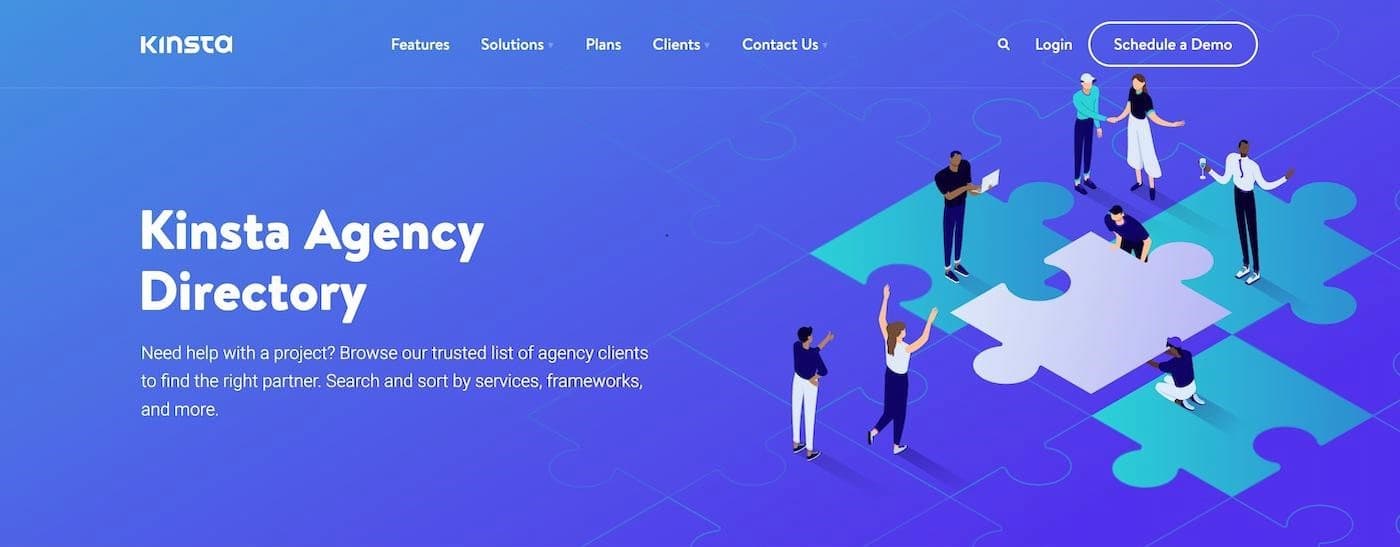 Kinsta’s Agency Directory page that says, “Kinsta Agency Directory” in white text on a blue background with an illustration of people collaborating.