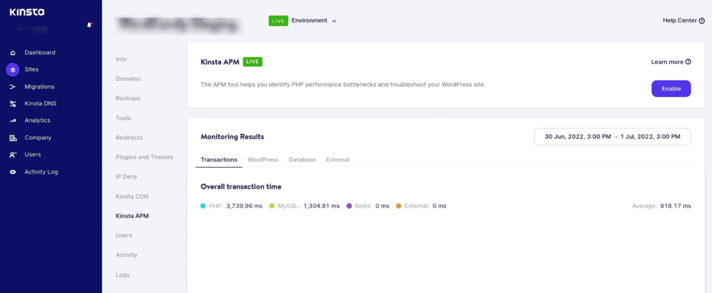 Het Kinsta APM tool in het MyKinsta dashboard