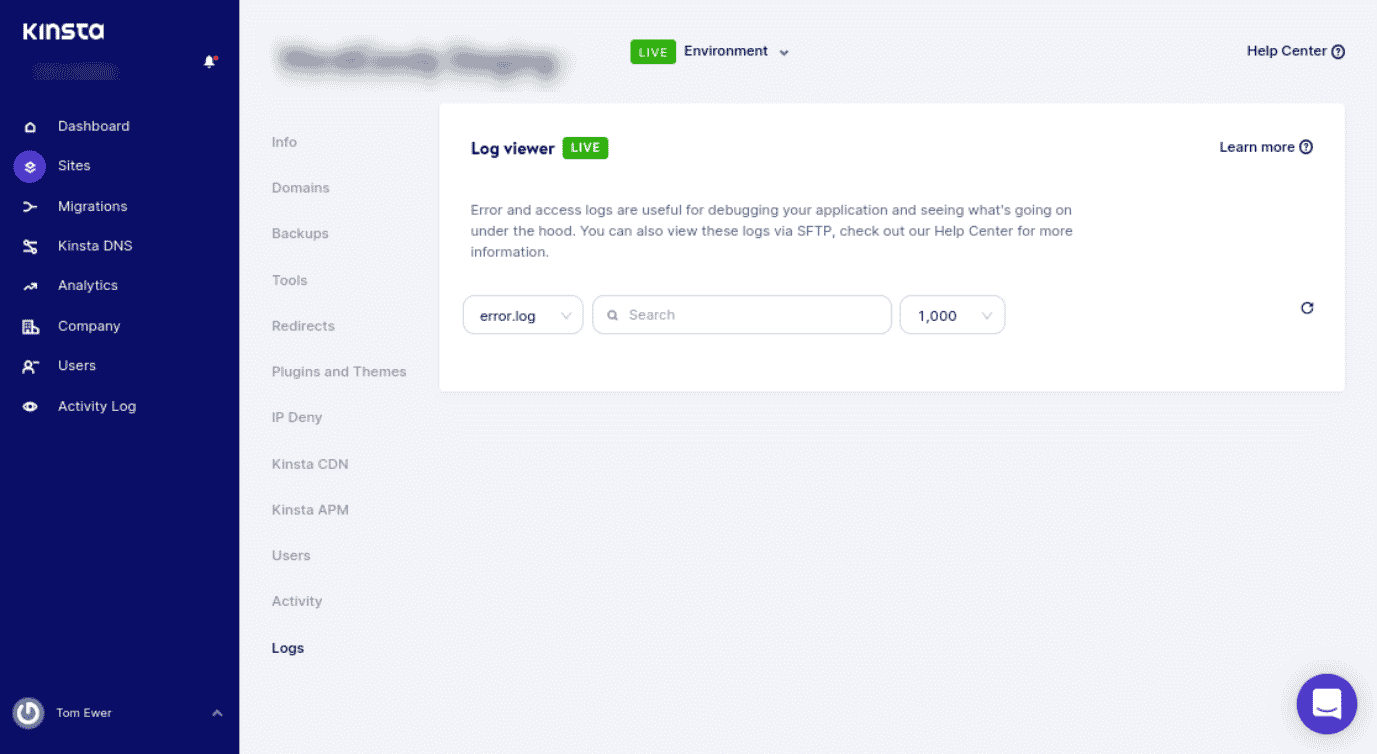 Screenshot van de log viewer vanuit het MyKinsta dashboard