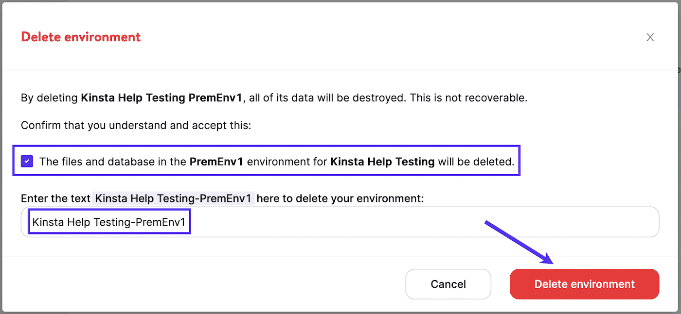 Confirm deletion of the premium environment.
