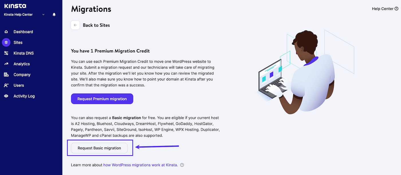 Request a basic migration in MyKinsta.