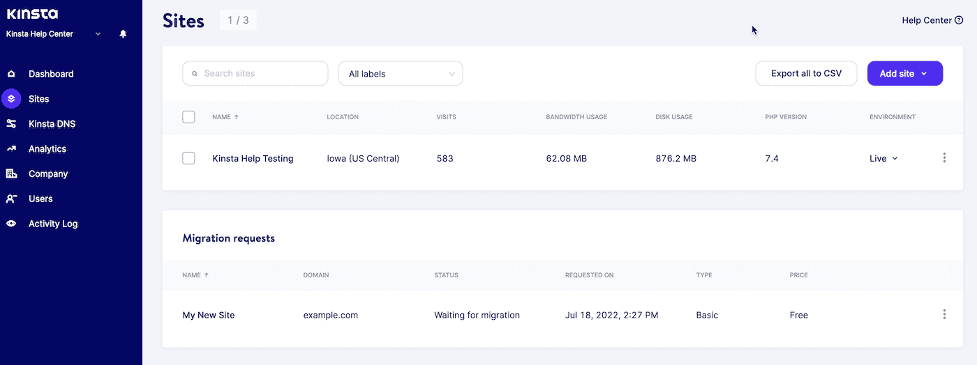 View migration requests on your Sites page in MyKinsta.