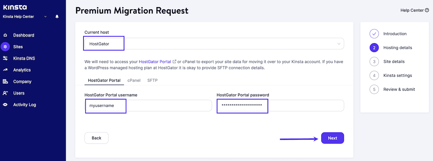 Add your current hosting details to your migration request.