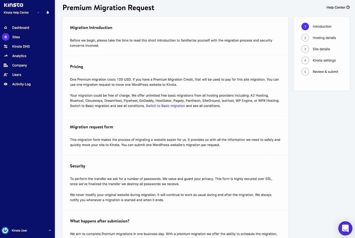 Premium-migreringsanmodning introduktion og betingelser.