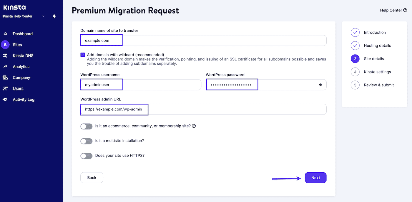 Kinsta-webstedsdetaljer for din migrering.
