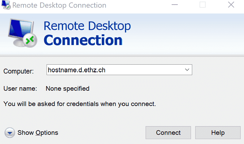 A screenshot showing how to use an FQDN to establish a remote desktop connection