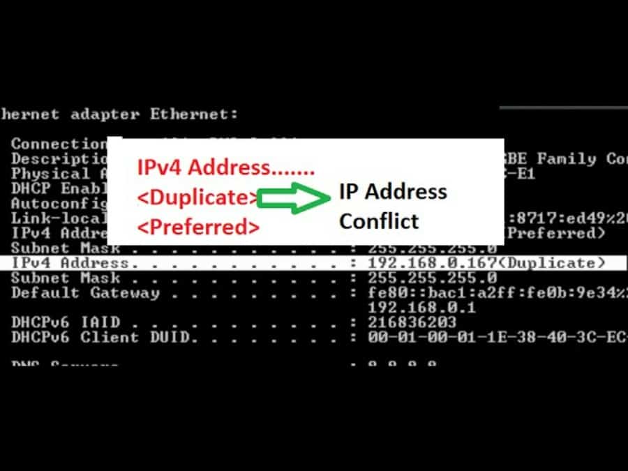 Se muestra un conflicto de dirección IP al comprobar los detalles de Ethernet