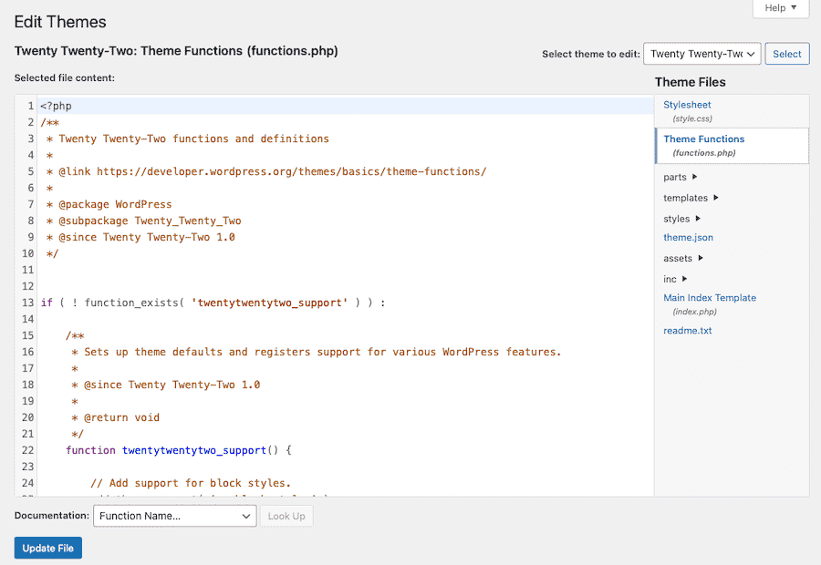 Visualizzazione del file delle funzioni del tema (functions.php) di Twenty Twenty-Two