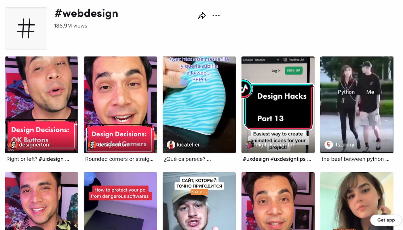 TikTok #webdesign page showing 10 thumbnails of different content creators that post about web design.
