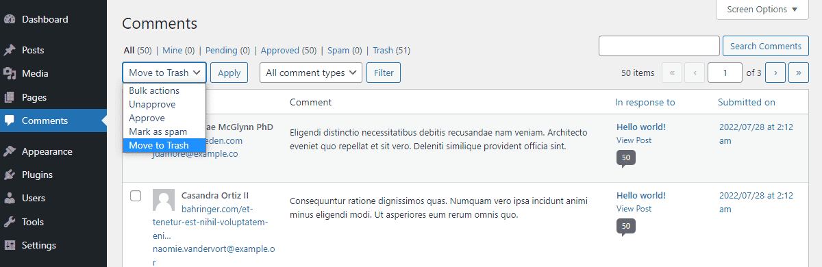 Schermata dei commenti nell’admin di WordPress con il menu a tendina da cui scegliere l’eliminazione massiva.