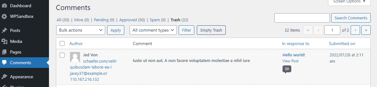 Schermata dei commenti nell’admin di WordPress con l’opzione Svuota Cestino per eliminare definitivamente i commenti.